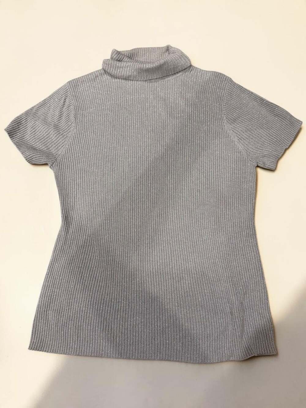 Daisy Fuentes Woman Silver Metallic Ribbed Short Sleeve Turtleneck 1X Plus Top